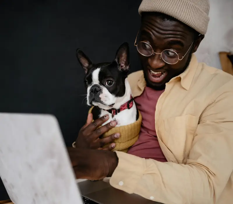 person and dog on laptop